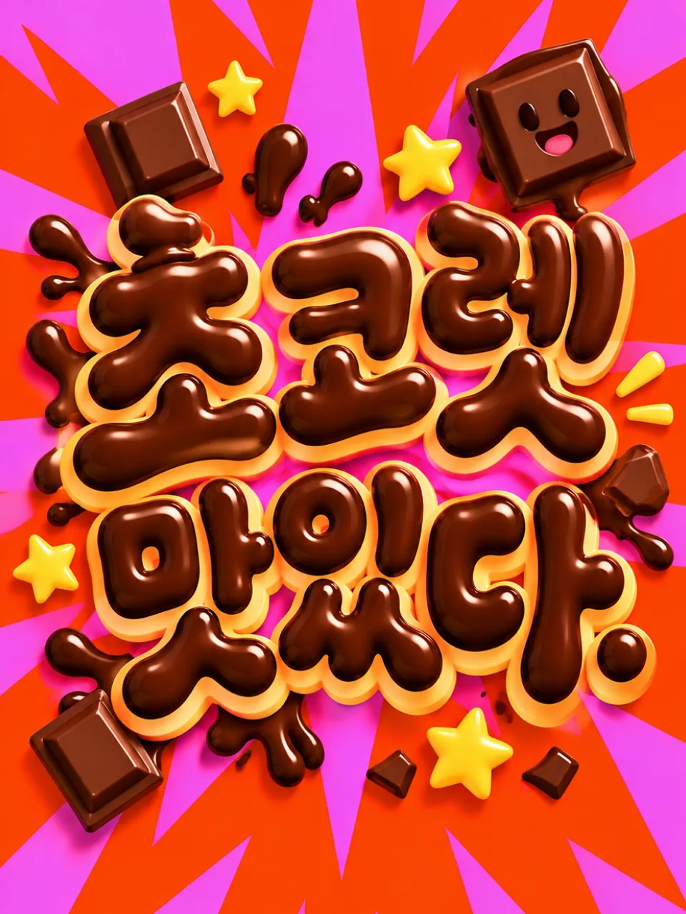 분홍색 방사형 배경에 초콜릿 글씨로 쓴 초콜릿 맛있다