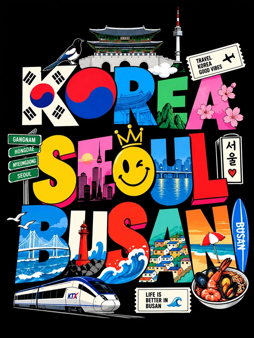 서울과 부산의 명소를 모은 한국 여행 타이포그래피