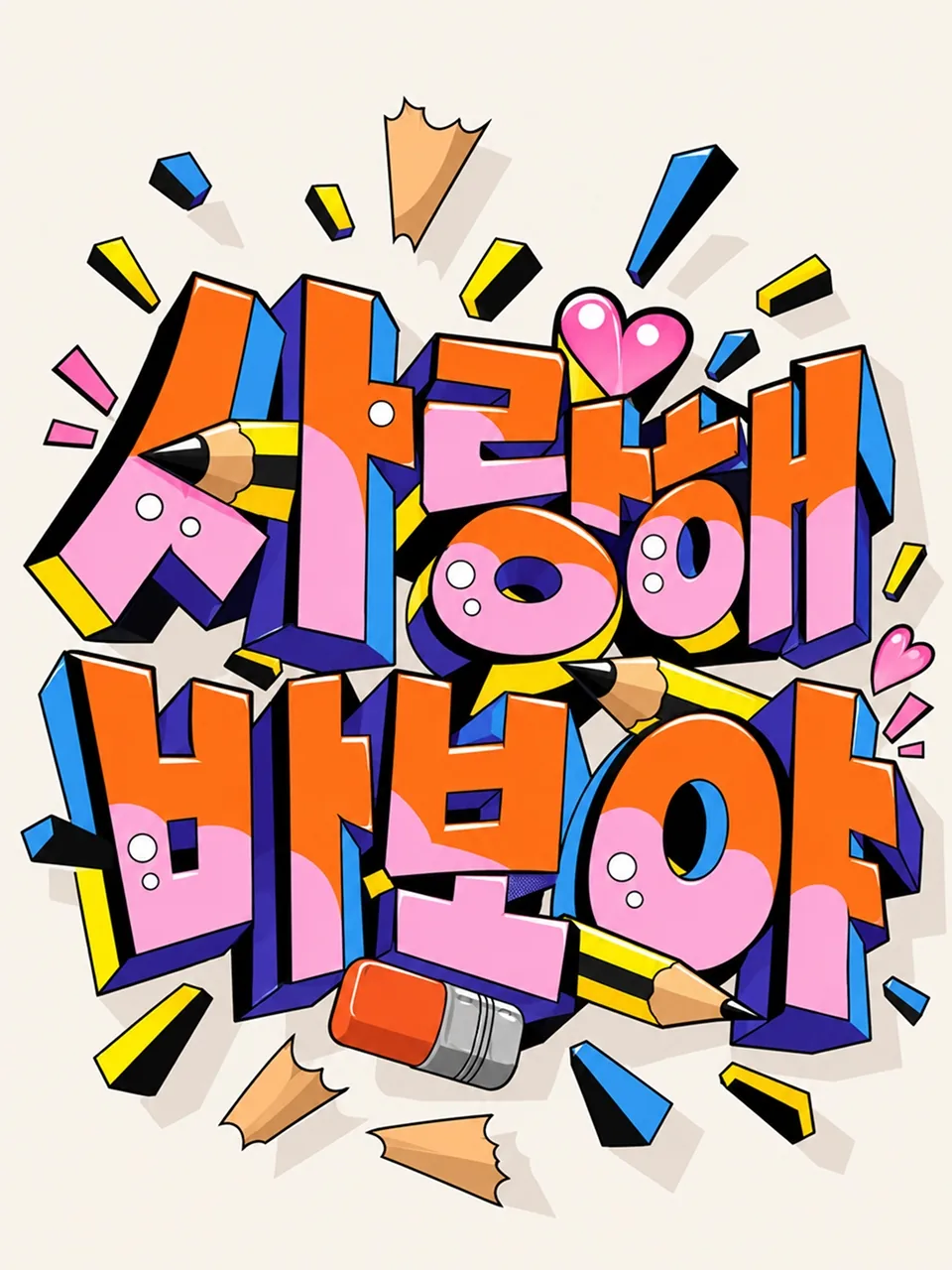 종이 질감 배경에 알록달록한 입체 글씨로 쓴 사랑해 바보야