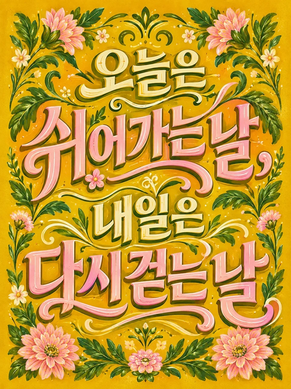 노란색 배경에 분홍색 꽃과 장식 글씨로 쓴 오늘은 쉬어가는 날 내일은 다시 걷는 날